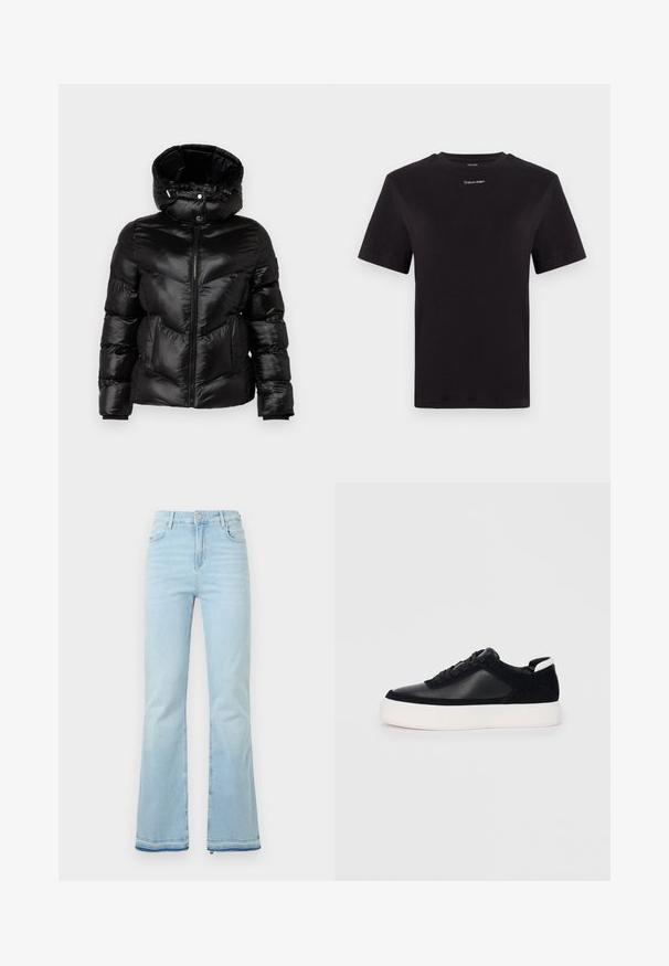 Svart pufferjacka med hög krage, dragkedja och chevron-stygn. Har två framfickor och elastiska ärmavslut. Glänsande, mjuk textur.; Svart bomulls t-shirt med korta ärmar, rund halsringning och liten vit "Calvin Klein" logotyp vid bröstet. Slät textur, klassisk passform.; Ljusblå utsvängda jeans i denim med hög midja, framfickor och rå kant vid bensluten för en avslappnad stil.; Svart sneaker med slät läder- och mockapaneler, platta snören, rundad tå och en vit gummisula. Distinkt logotyp på hälen.