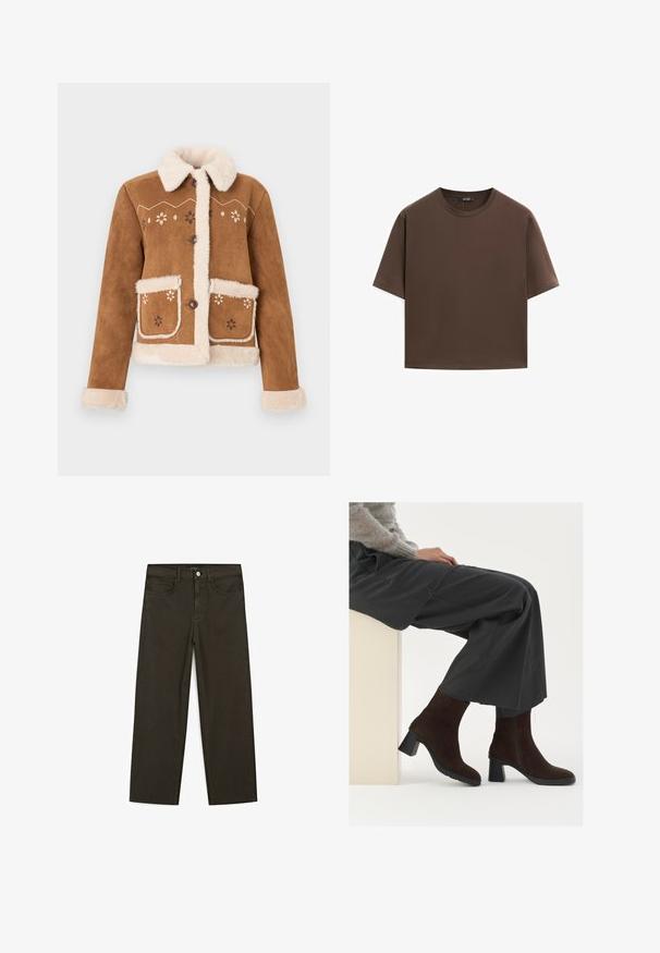 Brązowa zamszowa kurtka z beżowym sztucznym kołnierzem i mankietami z futerka. Z przodu haftowane kwiaty oraz dwie przednie kieszenie. Zapinana na guziki.; Brązowa bawełniana koszulka, krótki rękaw, okrągły dekolt, luźny fason, gładka tkanina, minimalistyczny design, bez widocznych wzorów czy akcentów.; Ciemnozielone spodnie dżinsowe typu wide-leg wykonane z mieszanki bawełny, z zamkiem na guzik z przodu, pięcioma kieszeniami i klasycznym przeszyciem dżinsowym.; Brązowe zamszowe botki za kostkę na słupku z bocznym zamkiem, w połączeniu z luźnymi szarymi spodniami, siedzące na jasnym cokole.