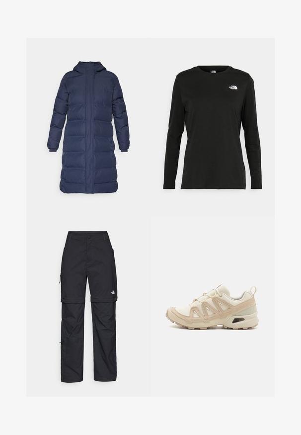 Jūras kara flotes pufers ar kapuci, ar garu siluetu, quiltotu rakstu un elastīgām piedurknēm. Materiāls izskatās gluds un izolēts.; Melnas garām piedurknēm T-krekls, izgatavots no kokvilnas ar apaļu kaklu. Tam ir mazs balts logo kreisajā krūtīs. Vienkāršs dizains un piegulums.; Melni nailona bikses ar noņemamām kājām, regulējamiem uzmavām, vairākām kabatām un logotipu uz labās kājas. Gluda, viegla tekstūra.; Beige un krēma sporta apavi ar strukturētu tīkla virsmu, atbalstošajiem slāņiem un gumijas zoli ar protektoru rakstu, kas nodrošina saķeri.