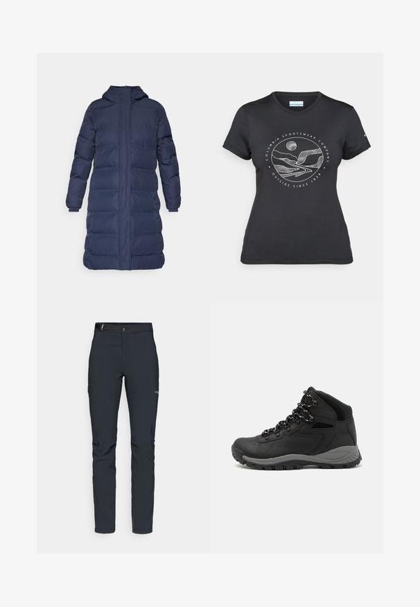 Kék pufi kabát kapucnival, hosszú sziluettel, steppelt mintával és rugalmas mandzsettákkal. Az anyag simának és szigeteltnek tűnik.; Fekete Columbia póló fehér, kör alakú hegy és folyó vonalrajzzal, valamint a "Columbia Sportswear Company Outside Since 1938" felirattal.; Férfi kültéri nadrág, sötétszürke, rugalmas anyagból készült, övvel, cipzáros zsebekkel és megerősített varratokkal.; Fekete túracipő közepes magasságú kialakítással, texturált felsőrésszel, szürke részletekkel és strapabíró gumitalppal, amelynek tapadós kiemelkedései vannak.