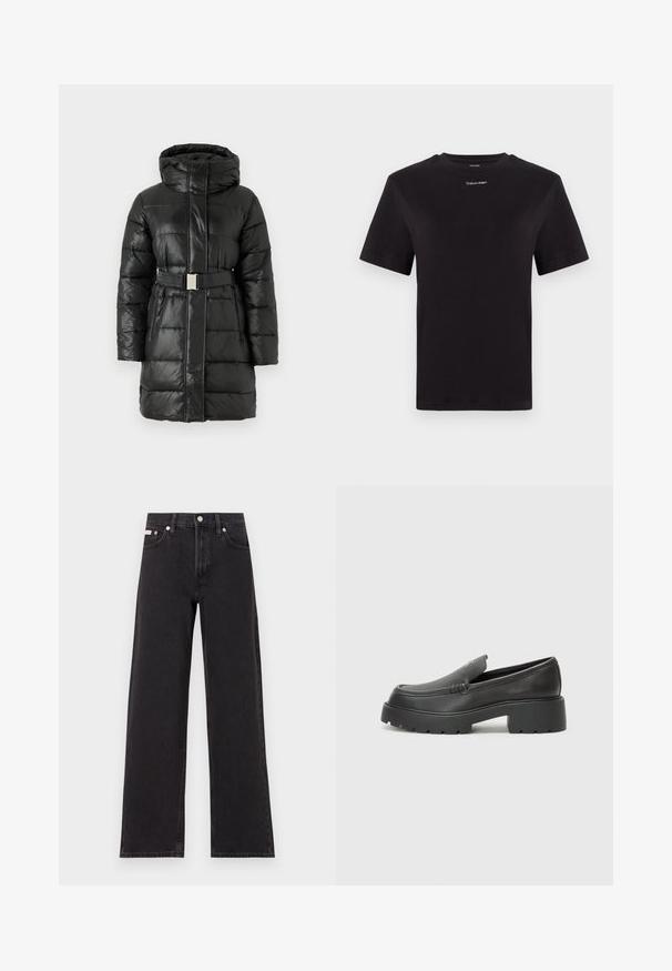 Calvin Klein Jeans PADDED FITTED JACKET - Talvemantel - black; Must musta t-särk lühikeste käistega, ümberringi kaelusega ja väikese valge "Calvin Klein" logo'ga rinnal. Sile tekstuur, klassikaline lõige.; Mustad laiad mustad teksad, millel on kõrge vöökoht, viie tasku stiil ja metallist nööpkinnitus kontrastsete õmblustega.; Mustad nahast loafers ümarate varvastega, paksu tekstuuriga tald ja minimaalsete õmbluse detailidega. Viimistletud disain, kus pole nähtavaid paelu ega riistu.