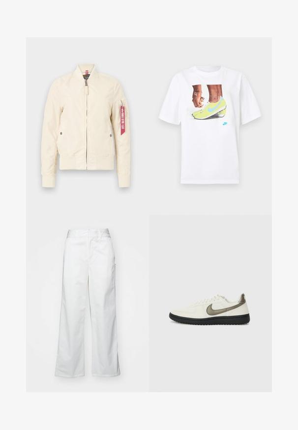 Svijetlosmeđi bomber jakna s rebrastim manžetama i rubom, zatvaranjem na zip i bočnim džepovima. Ima crvenu oznaku na rukavu. Glatka tekstura.; Bijela pamučna majica s grafikom stopala u žutim Nike kopačkama s plavim akcentima, uparena s narukvicom na lijevom zapešću.; Bijele hlače širokih nogavica napravljene od pamuka, s glatkom teksturom, ravnim krojem, prednjim džepovima i čistim rubom.; Nike Sportswear FIELD GENERAL - Tenisice - off-white/black