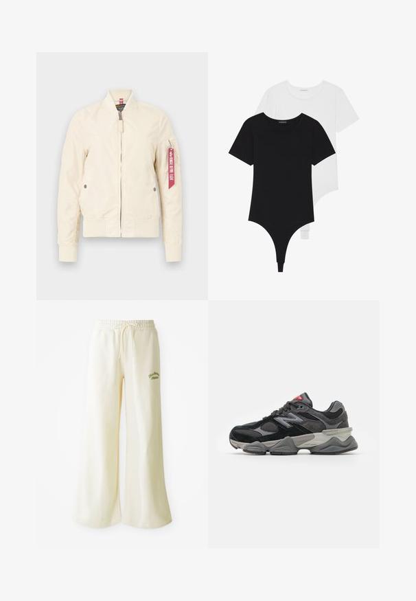 Lys beige bomberjakke med ribbede mansjetter og hem, glidelås-lukking og sidelommer. Har et rødt merke på ermet. Glatt tekstur.; Svarte og hvite kortermede bodysuits med runde krager og thong-bunner, laget av glatt, elastisk stoff.; Kremfargede, vide joggebukser med elastisk midje og justerbar snøring. Brodert grønn "Athletic"-tekst på forsiden. Mykt stoff.; Svarte og grå joggesko med en blanding av semsket skinn og mesh-materialer, tykk såle, fremtredende logo, og rød detalj på tungen.