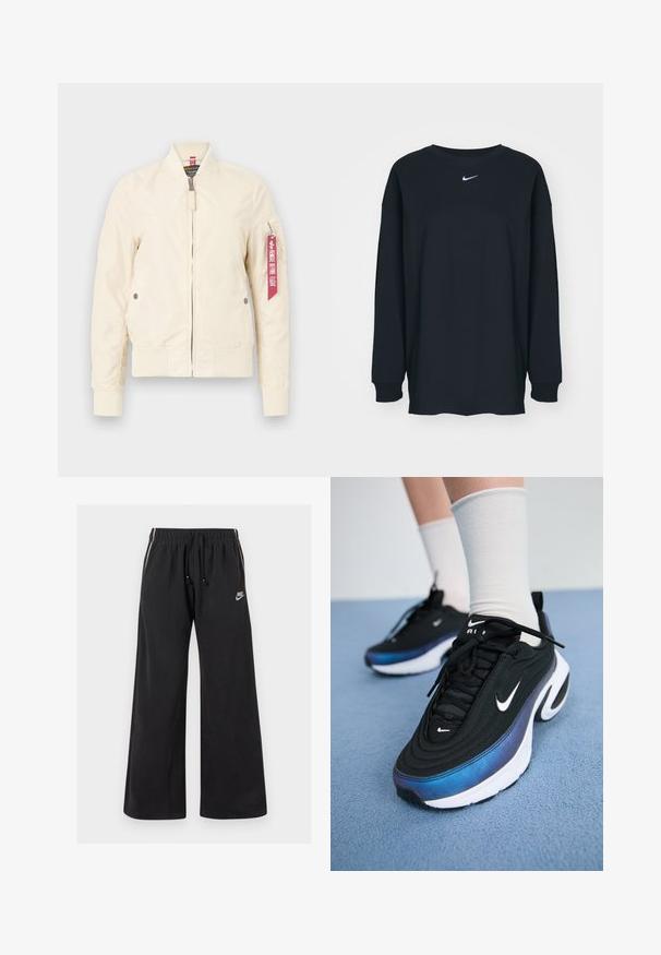 Světlobéžová bomber bunda s ribbovanými manžetami a lemem, zipovým zapínáním a bočními kapsami. Na rukávu je červená nášivka. Hladká textura.; Černé tričko s dlouhým rukávem vyrobené z bavlny s kulatým výstřihem. Na hrudi se nachází bílé logo Nike. Měkká textura, jednoduchý design.; Černé tepláky vyrobené z měkké látky, s elastickým pasem a stahovací šňůrou, bočními pruhy a malým logem na levé přední straně.; Černé tenisky Nike s hladkým textilním svrškem, s přechodem barev od modré k černé, bílou podešví a výraznými akcenty loga.