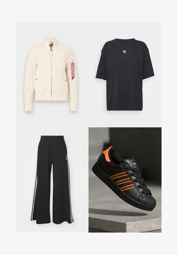 Svijetlosmeđi bomber jakna s rebrastim manžetama i rubom, zatvaranjem na zip i bočnim džepovima. Ima crvenu oznaku na rukavu. Glatka tekstura.; Crna pamučna majica kratkih rukava, okruglog izreza, s bijelim Adidas logom na prsima. Jednostavan dizajn, opušteni kroj.; Crne široke trenirke s elastičnim pojasom, s bijelim bočnim trakama i izvezenim logom na lijevom bedru.; Crni tenisice s narančastim naglascima, tri horizontalne pruge, teksturirani kožni gornji dio, gumen kapica za prste i crne vezice.