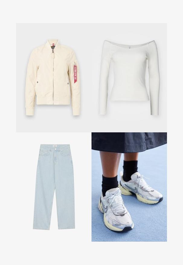 Jachetă bomber de color bej deschis, cu mansete și tiv ribbed, închidere cu fermoar și buzunare laterale. Are un etichetă roșie pe mânecă. Textură netedă.; Top alb, cu umărul descoperit, cu mâneci lungi, realizat din material cu dungi. Design ajustat, cu o textură netedă și tiv drept.; Jeans largi de culoare albastră deschisă, din denim, cu talie medie, cinci buzunare și închidere cu buton având un accent metalic subțire.; Adidași Nike albi și argintii, cu material din plasă, accente reflexive și talpă bej. Purtați cu șosete negre, stând pe o suprafață albastră.