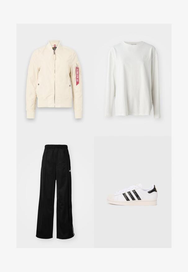 Giubbotto bomber beige chiaro con polsini e fondo a coste, chiusura con zip e tasche laterali. Presenta un'etichetta rossa sulla manica. Tessuto liscio.; T-shirt bianco a maniche lunghe in cotone, con collo rotondo, spalle scese e un logo discreto sul petto. Texture morbida.; Pantaloni da tuta neri a gamba larga con vita elasticizzata, caratterizzati da strisce laterali bianche e un piccolo logo sull'anca sinistra. Tessuto liscio.; Sneaker bianco con strisce e accenti neri testurizzati; presenta una punta in gomma, lacci piatti e imbottitura attorno alla caviglia.