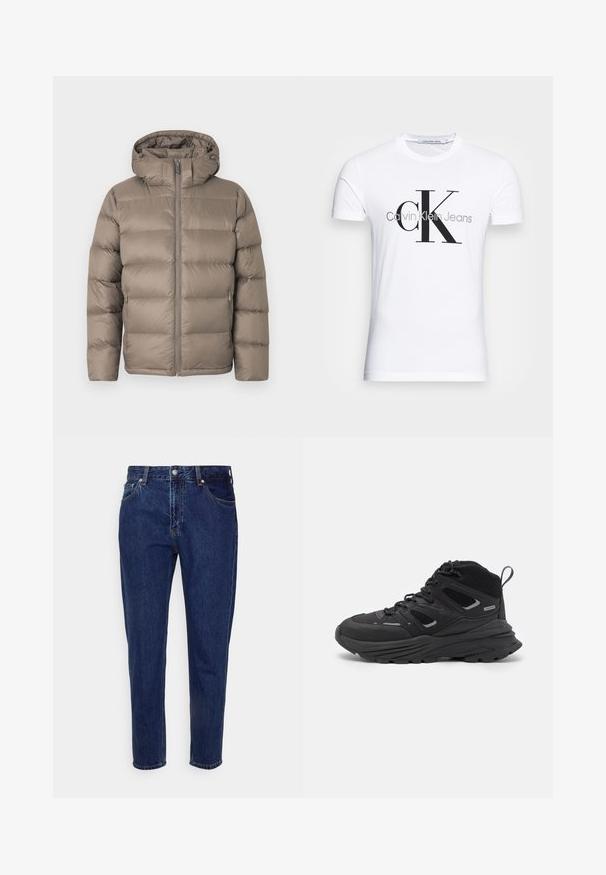 Pelēkbrūna polsterēta ziemas jaka ar priekšējo rāvējslēdzēju, divām sānu kabatām ar rāvējslēdzējiem un piešūtu kapuci uz vienkārša balta fona.; Baltas kokvilnas T-krekls ar melnu "CK" logo un tekstu "Calvin Klein Jeans", īsām piedurknēm un klasisku apaļu kakla izgriezumu.; Tums tumši zilas džinsu bikses ar taisnu kāju dizainu, piecām kabatām un pogu aizdari. Iespējas ar vieglu izbalēšanu un šuvju detaļām.; Melnas pārgājienu kurpes ar slāņotu dizainu, teksturētu audumu un gumijas zoli, ar nostiprinātām vietām un auklām priekšā.