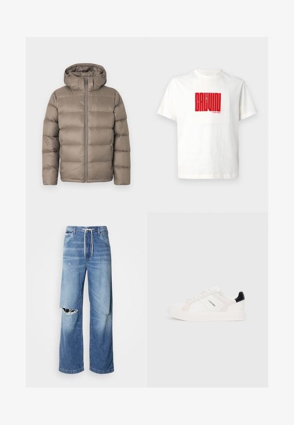 Taupe-colored padded winter jacket with front zipper, two zippered side pockets, and attached hood on a plain white background.; White cotton t-shirt featuring a large red graphic print of "CALVIN KLEIN" on the front, with a crew neckline and short sleeves.; Light blue denim jeans with a loose fit, featuring a white drawstring waist, and distinct rips on the front, showing frayed edges.; White sneakers with light pink and black accents, featuring smooth leather and suede panels, round toe, and flat rubber sole.