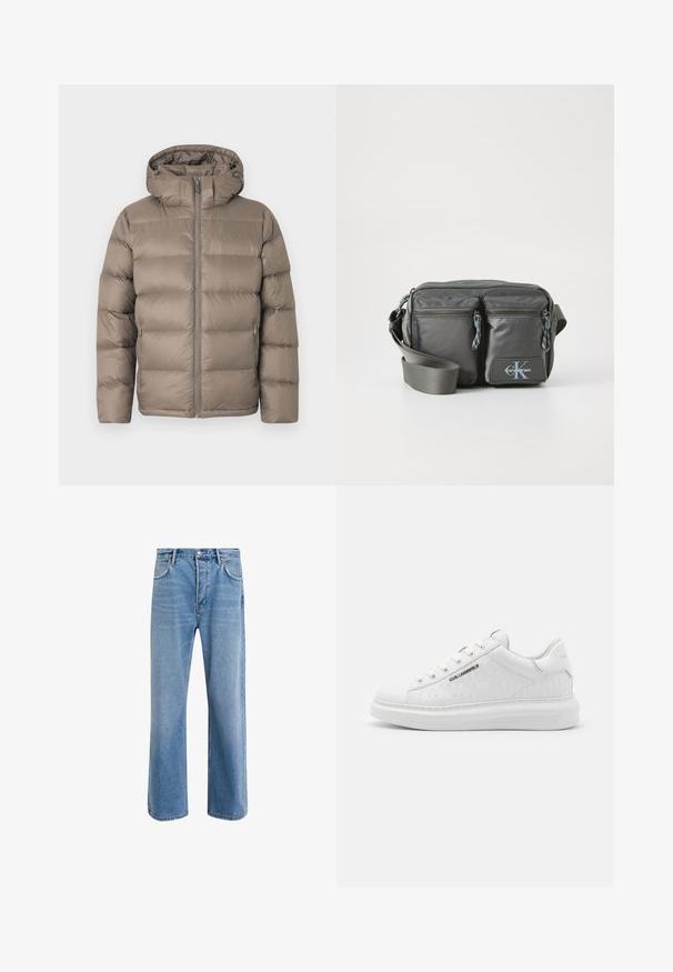 Vatteret vinterjakke i taupefarve med lynlås foran, to lynlåslommer i siderne og fast hætte mod en ensartet hvid baggrund.; Marineblå T-shirt med korte ærmer og rund hals, med hvid CK-logo og "Calvin Klein"-tekst på venstre bryst.; Lyseblå denim jeans med lige ben-design, fem lommer, knaplukning, minimal falming og kontraststingdetaljer.; Hvide sneakers lavet af glat læder med prægede mønstre. Har rund tå, snørebånd foran og struktureret sål. Sølvlogo detalje på siden.; Grå nylon crossover taske med to lynlåslommer foran, justerbar strop og logo detaljer. Glat tekstur med et moderne design.