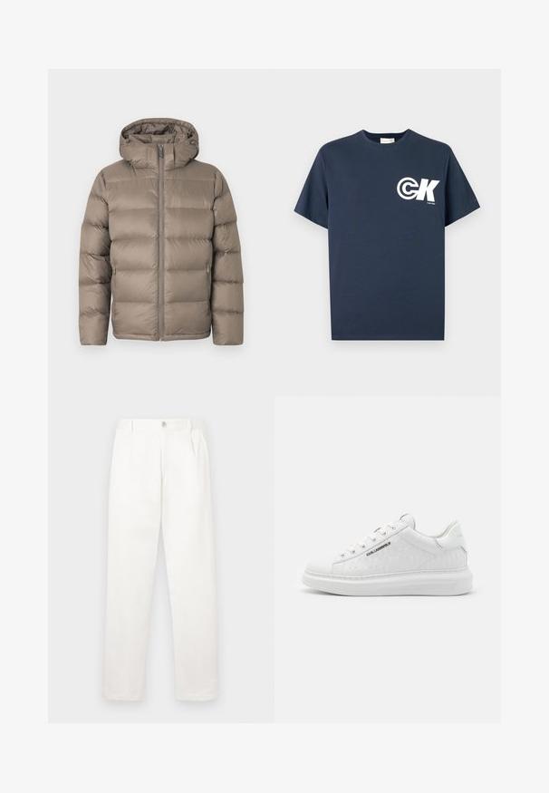 Giacca imbottita invernale color taupe con cerniera frontale, due tasche laterali con cerniera e cappuccio annesso su sfondo bianco neutro.; T-shirt a maniche corte blu marina con scollo girocollo, logo CK bianco e scritta "Calvin Klein" sul lato sinistro del petto.; Pantaloni bianchi realizzati in tessuto liscio, con un design a gamba dritta, pieghe frontali e una chiusura a bottone singolo in vita.; Sneaker bianca in pelle liscia con motivo in rilievo. Presenta punta tonda, chiusura con lacci e suola testurizzata. Dettaglio del logo argento sul lato.