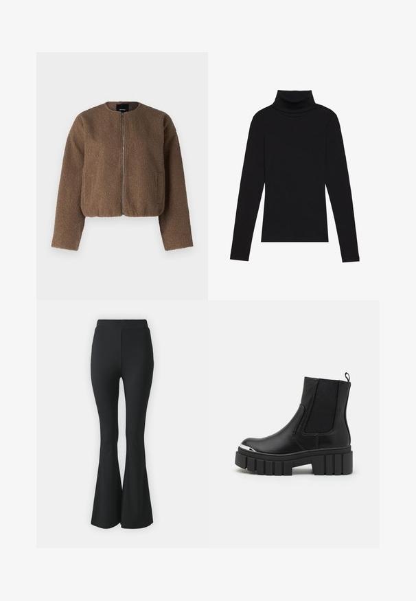 Brown, cropped jacket made of textured, fluffy material with long sleeves, a round neckline, and a central zipper closure.; Black turtleneck long-sleeve top, made of ribbed fabric, features a fitted design with a high neckline and no patterns or accents.; Black flared trousers made from stretchy fabric. Features a high waistband and a smooth, fitted design that flares from the knee downward.; Black ankle boots made of smooth leather with elastic panels, a thick platform sole, and a metallic toe cap.