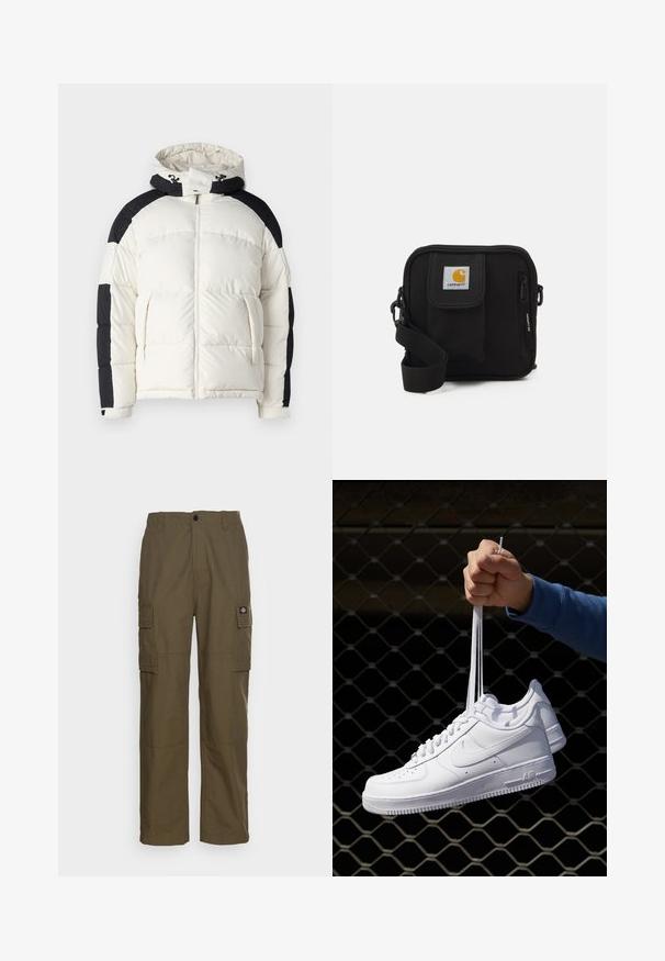 Jack & Jones JCOAERO PUFFER - Winterjacke - cloud dancer; Weißes Baumwoll-T-Shirt mit kurzen Ärmeln, Rundhalsausschnitt und lässigem Schnitt. Glatte Textur ohne sichtbare Muster oder Akzente.; Cargo-Hosen in olivgrün, aus strapazierfähigem Stoff. Verfügt über zwei Seitentaschen, eine normale Taille und ein gerades Bein.; Weiße Leder-Sneaker mit Perforationen, runder Zehenpartie, flacher Sohle und dicken Schnürsenkeln, mit sichtbar eingesticktem Swoosh-Logo und "AIR" an der Ferse.; Schwarze Umhängetasche mit einem Reißverschluss-Hauptfach, einer Fronttasche, einem verstellbaren Tragegurt und einem sichtbaren Logo-Patch auf dem Deckel.