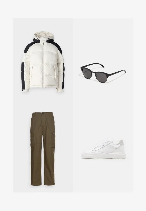 Jack & Jones JCOAERO PUFFER - Zimní bunda - cloud dancer; Bílý bavlněný tričko s krátkými rukávy, klasickým kulatým výstřihem a volným střihem. Hladká textura bez viditelných vzorů nebo akcentů.; Cargo kalhoty v olivově zelené barvě, vyrobené z odolné tkaniny. Disponují dvěma bočními kapsami, standardním pasem a rovnými nohavicemi.; Bílé kožené tenisky s hladkým povrchem, zaoblenou špičkou, plochými tkaničkami a texturovanou podrážkou. Šedý semišový detail na patě.; Černé sluneční brýle s kulatými skly, matným povrchem a charakteristickým tvarovým kočičím okem. Úzké nožičky s nenápadným logem na levém rámu.