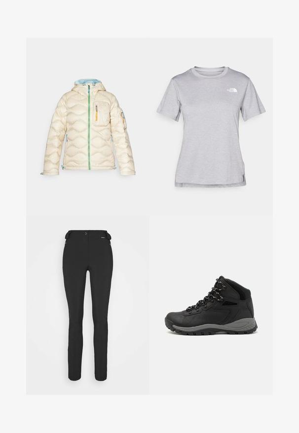 Lichtbeige pufferjack met capuchon, voorzien van een groene rits, oranje zak en blauwe accenten. Gequilte uitstraling met elastische manchetten.; Grijze T-shirt met korte mouwen, gemaakt van zachte, vochtabsorberende stof. Heeft een ronde hals en een klein wit logo op de bovenste linkerzijde.; Zwarte, strakke broek gemaakt van een flexibel materiaal. Kenmerken zijn onder andere een ritszak aan de zijkant, gebogen knieën en een gladde textuur.; Zwarte wandelschoen met een mid-top ontwerp, voorzien van een gestructureerde bovenkant, grijze accenten en een duurzame rubberen zool met gripnoppen.