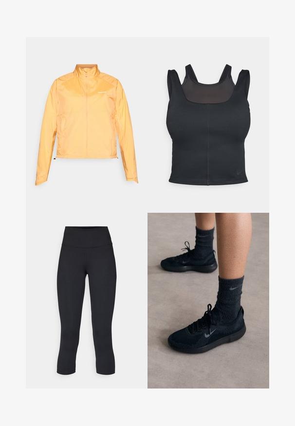 Lichte, gele windbreaker jas met een hoge kraag, een volledige ritssluiting en logodetails. Voorzien van elastische manchetten en een verstelbare zoom.; Zwarte sportbh met een verstelbaar ontwerp, brede schouderbanden en een gaasoverlay aan de voorkant. Gladde textuur en minimale naden. Nike-logo aan de onderkant.; Zwarte cropped leggings van rekbaar materiaal, met een hoge tailleband en een gladde textuur, zonder zichtbare patronen of hardware.; Zwarte Nike-sneakers met een gestructureerde breisolen, voorzien van een grijze swoosh-logo, gedragen met donkere geribde sokken. Vlakke rubberen zool.