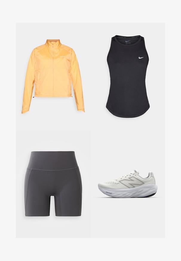 Giacca a vento leggera e gialla con colletto alto, zip frontale completa e dettaglio con logo. Presenta polsini elasticizzati e orlo regolabile.; Top sportivo nero realizzato in materiale traspirante. Presenta un colletto rotondo, una vestibilità slim e il logo Nike bianco sul petto.; Pantaloni sportivi grigi con una vita alta, realizzati in tessuto liscio ed elastico. Presentano cuciture piatte e una vestibilità aderente.; Scarpe sportive bianche con tomaia in rete, dotate di collo imbottito, suola testurizzata e il marchio "Fresh Foam" sulla intersuola.