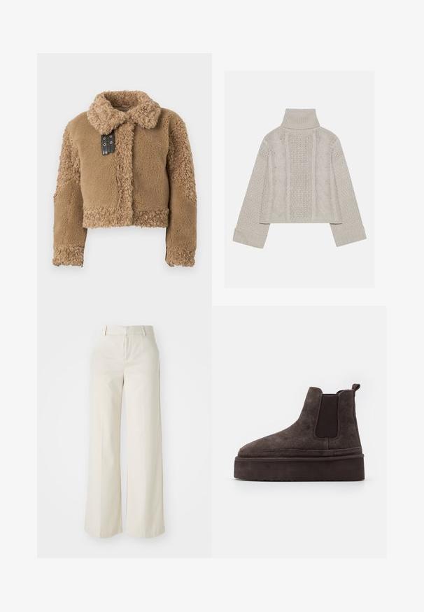 Trumpa ruda meška išdirbta avikailio striukė su dideliu apykakle ir juodos odos užsegimu priekyje.; Sumažintas šviesiai pilkas megztinis su aukštu apykakle ir rūdytomis rankovėmis, su tekstūriniais kabelių raštais nugaroje ir šonuose.; Pločios kojos kelnės šviesiai bežinės spalvos, pagamintos iš lygaus audinio. Yra klasikinis juosmens dizainas ir lygūs priekiniai įsiuvai su švariomis linijomis.; Rudos gamtos nubuko Chelsea batai su elastingomis šoninėmis detalėmis ir storu, tekstūruotu platformos padu. Šiame modelyje yra kilpos elementas kulne, kuris palengvina apsiaustą.