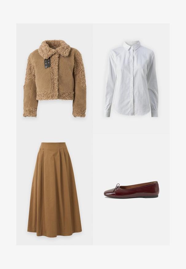 Giacca corta in shearling marrone teddy con ampio colletto e dettagli in pelle nera con fibbia sulla chiusura frontale.; Camicia bianca con bottoni, realizzata in cotone liscio, dotata di un colletto classico, maniche lunghe e orlo curvo. I bottoni sono piccoli e bianchi.; Gonna A-line in cotone marrone con vita alta, caratterizzata da pince sulla parte anteriore e una texture liscia. Le finiture dell'orlo sono pulite e semplici.; Ballerine in pelle verniciata bordeaux con punta arrotondata, piccolo fiocco decorativo sulla parte anteriore e suola bassa in gomma nera. Texture liscia.