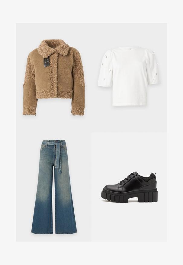 Kort brun teddy shearlingjacka med stor krage och detaljer i svart läder på framtill.; Vit bomulls t-shirt med korta puffärmar, prydd med små silverdetaljer längs ärmarna. Klassisk rund halsringning, avslappnad passform.; Breda denimbyxor med en ljus till mörkblå gradient, hög midja, bälteshällor och ett matchande tygbälte. Texturerad denimfinish.; Svarta läderplattformsskor med en kraftig blockklack, rund tå och traditionell snörningsdesign. Har en slät textur och minimal detaljering.