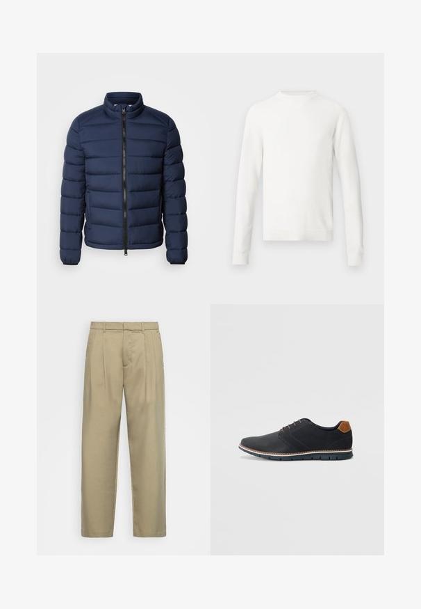 Námořnická modrá prošívaná bunda s vysokým límcem, vertikálním prošíváním, předním zipovým zapínáním a elastickými manžetami. Lehký materiál.; Bílý pletený svetr s dlouhými rukávy, kulatým výstřihem a žebrovanými manžetami. Disponuje texturovanou látkou a volným střihem.; Beige kalhoty s vysokým pasem a rovnýmlíčkem, s plochým předním dílem, bočními kapsami a hladkým, strukturovaným materiálem.; Černé syntetické boty s texturovaným svrškem, hladkými detaily, hnědým podpatkem a kontrastní podrážkou. Obsahují minimální šněrování a švy.