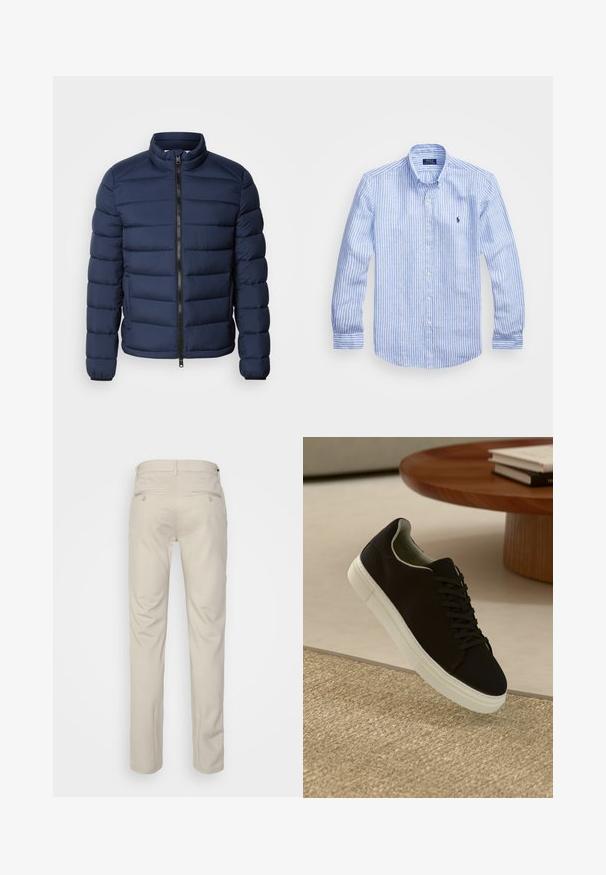 Námornícky modrá puffová bunda s vysokým golierom, vertikálnym prešívaním, predným zipsom a elastickými manžetami. Ľahký materiál.; Modrá a biela prúžkovaná košeľa s dlhými rukávmi vyrobená z bavlny, vybavená golierom na gombíky, prednými gombíkmi a malým vyšitým logom na hrudi.; Béžové nohavice s hladkou textúrou, rovný strih, dve zadné vrecká s gombíkmi a štandardný pás.; Čierna teniska s bielou podrážkou plávajúca nad béžovým textúrovaným kobercom pri okrúhlom drevenom stole s hromadou kníh.