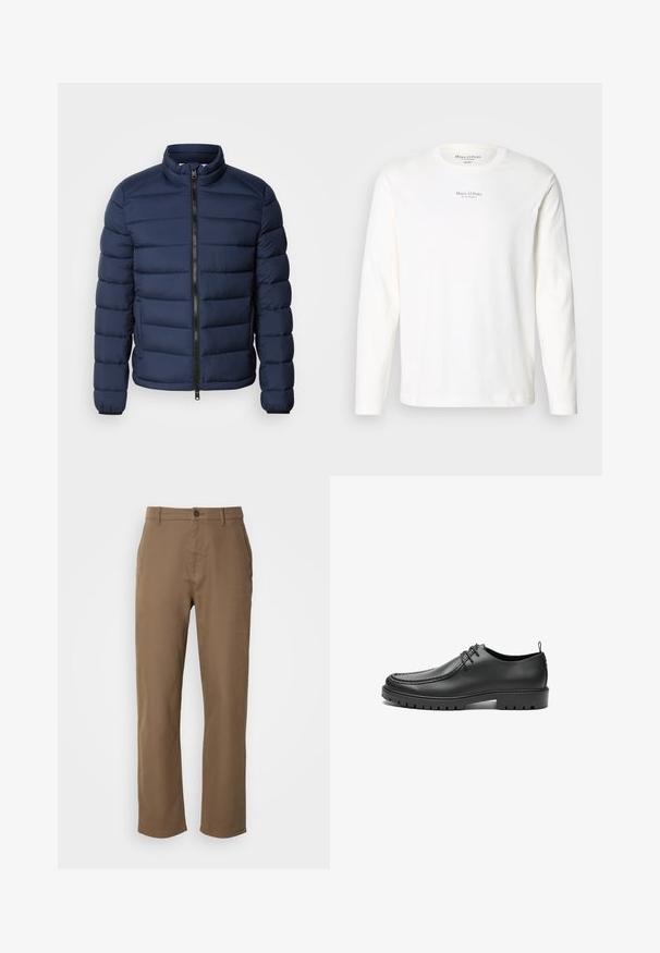 Námornícky modrá puffová bunda s vysokým golierom, vertikálnym prešívaním, predným zipsom a elastickými manžetami. Ľahký materiál.; Dlhý rukáv bieleho bavlneného trička. Obsahuje okrúhly výstrih a malé čierne logo v strede na prsiach. Mäkká textura, neformálny dizajn.; Hnedé bavlnené nohavice so strihom rovného strihu, zapínaním na gombík a bočnými vreckami. Majú hladkú textúru a jednoduchý, nevýrazný dizajn.; Čierne kožené topánky s hladkým povrchom, zaoblenou špičkou a dekoratívnym prešívaním. Majú gumovú podrážku s trakčnými drážkami a viazací dizajn.