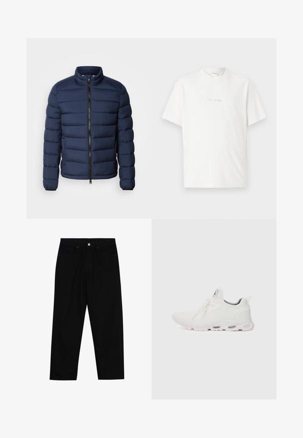 Tumši zils pūkstvīrs ar augstu apkakli, vertikālu līdzinājumu dizainu, priekšējo rāvējslēdzēju un elastīgām aprocēm. Viegls materiāls.; Balts kokvilnas T-krekls ar apaļu kakla izgriezumu, īsām piedurknēm un mazu drukātu logotipu priekšā. Gluda tekstūra un brīvs griezums.; Melni džinsi ar taisnu kāju griezumu, piecu kabatu dizainu un priekšēju pogu aizdari. Gluda tekstūra ar minimālu šuvju detaļu skaitu.; Baltas sporta apavi ar teksturētu adītu augšdaļu, platiem auklām un mīkstinātu zoli ar redzamām gaisa kamerām papildu atbalstam.