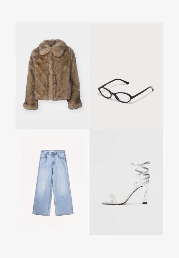 Hnedý umelý kožúšok s vysokým golierom, dlhými rukávmi a jemným, struktúrovaným povrchom. Diskrétny ševový detail na prednej strane.; Čierny bezrukávový top vyrobený z hladkej tkaniny, s okrúhlym výstrihom a priliehavým strihom bez viditeľných vzorov alebo ozdôb.; Bershka WIDE-LEG - Široké nohavice - light-blue denim; Strieborné sandále na vyššej päte so lesklým dizajnom remienka, ktorého súčasťou je perlový akcent a spirálový remienok na členku pre bezpečné uchytenie.; Čierne okuliare s oválnym rámom a priesvitnými fialovými akcentmi na sklách. Rámy majú matný povrch a štíhle, priame nožičky.; Strieborná metalická kabelka v tvare srdca s dvojitými uchami, reťazovým popruhom a hladkým povrchom. Má kovové hardvérové prvky a prešívané okraje.
