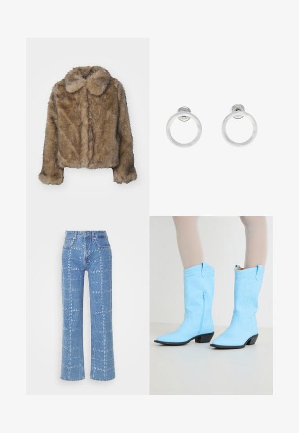 Brown faux fur cropped jacket with a rounded collar, long sleeves, and a soft, textured surface. Subtle seam detailing along the front.; Lime green long-sleeve crop top with a round neckline and an asymmetrical hem. Lightweight, ribbed texture with decorative stitching details.; Light blue denim jeans with a straight-leg cut, featuring a grid pattern of silver studs and a classic five-pocket design.; Light blue cowboy boots with embroidered detailing, a side zipper, pointed toe, and stacked black heel. Smooth leather texture.; Silver metal hoop earrings with a brushed texture, featuring a circular design and a clear post back for secure wear.