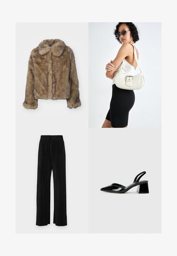 Jachetă cropped din blană faux maro, cu guler rotund, mâneci lungi și o suprafață moale, texturată. Detalii subtile ale cusăturilor pe față.; Tricou din bumbac maro cu guler clasic, mâneci scurte și margine dreaptă. Textură moale, fără modele sau embellismente.; Pantaloni negri plisati cu talie elastică. Prezintă picioare largi și un material neted, texturat, cu dungi verticale.; Pantofi cu toc slingback din piele lacuită neagră, cu vârf ascuțit și toc geometric. Prezintă un design elegant, minimalist și o textură netedă.; Geantă de piele albă cu o formă curbată, curea reglabilă și un detaliu mic cu cataramă. Modelul poartă o ținută neagră ajustată.