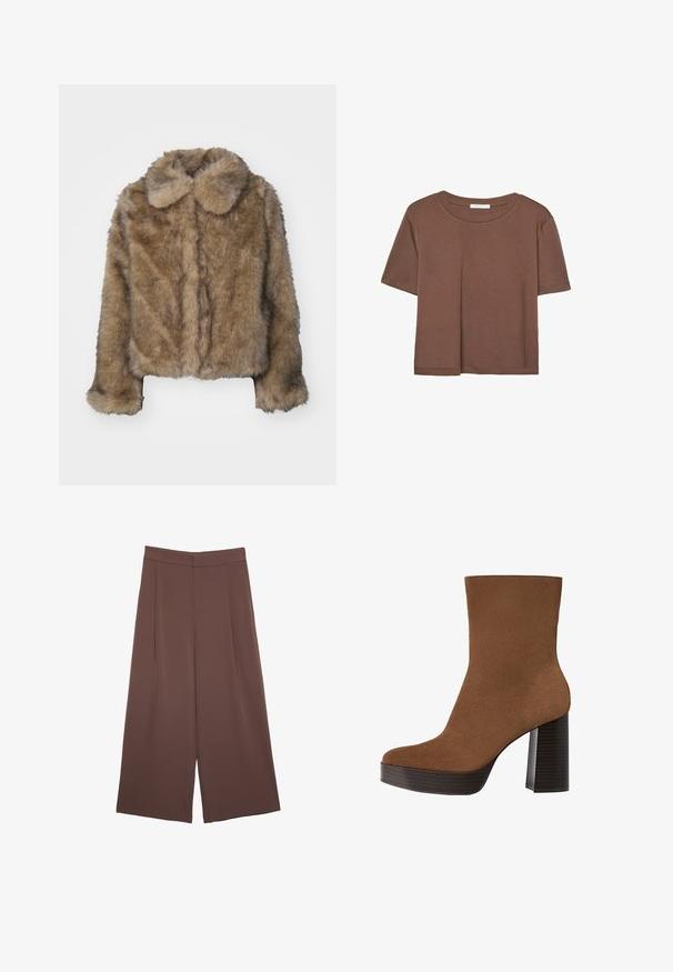 Giacca cropped in pelliccia sintetica marrone con colletto arrotondato, maniche lunghe e una superficie morbida e texturizzata. Dettagli delle cuciture discreti lungo la parte anteriore.; Maglietta a maniche corte marrone realizzata in tessuto morbido, con scollatura rotonda e vestibilità rilassata. Nessun motivo o dettaglio visibile.; Pantaloni ampi marroni con una texture liscia, caratterizzati da una vita alta e pieghe frontali. Il tessuto è leggero e scorre liberamente.; Stivale alla caviglia in suede marrone con punta arrotondata, tacco spesso a strisce nere e superficie liscia. Caratterizzato da un design aderente senza hardware visibile.