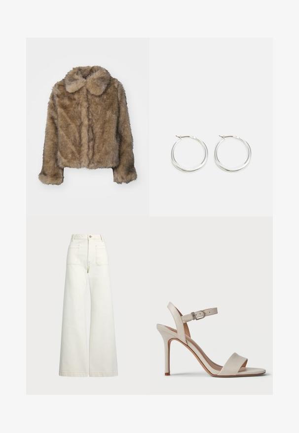 Barna műszőrme cropped dzseki kerek gallérral, hosszú ujjal és puha, texturált felülettel. Diszkrét varrás részletek elöl.; Fehér, rövidujjú, vágott pamut póló, amelyen a "MICHAEL KORS" logó hímzett, megfelelő színben a mellkason.; Széles szárú farmernadrág off-white denim anyagból. Magas derekú dizájn, gombos záródással, két elülső zsebbel és kontrasztos varrási részletekkel.; Beige magassarkú szandál sima bőrfelülettel, nyitott orral, széles elülső pánttal és állítható bokaheggyel, fém csattal.; A ezüst karika fülbevalók sima, lekerekített formájúak, vékony profilúak és biztonságos zárással rendelkeznek. Minimalista stílus, fényes befejezéssel.