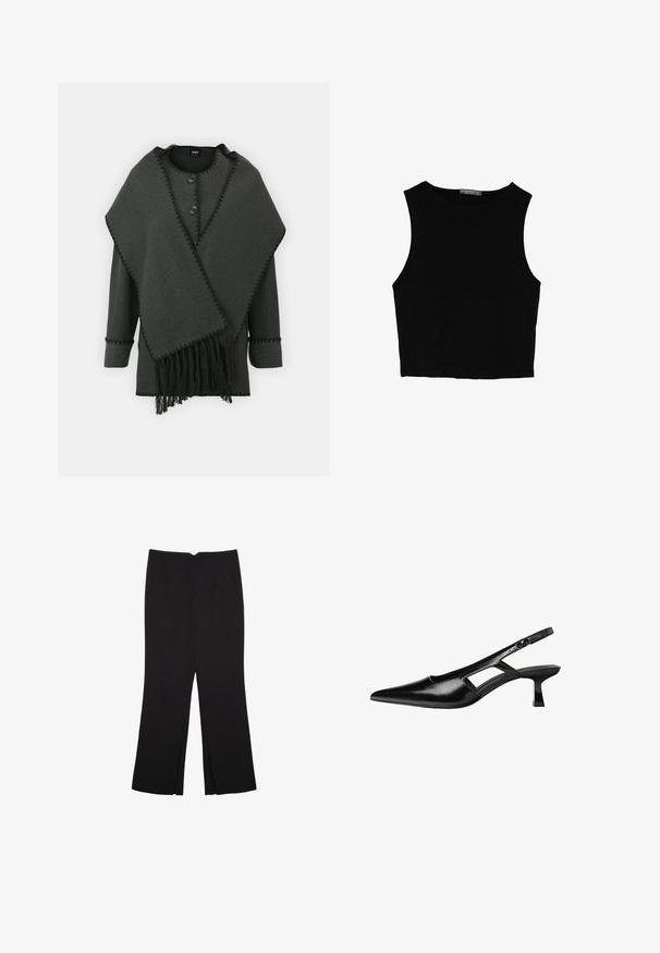 Tmavě šedý pončo s kulatým výstřihem, dvěma knoflíky, detailem třásní a vlnitými okraji, vyrobené z měkkého, texturovaného materiálu.; Černý bezsleeve crop top vyrobený z hladké tkaniny, s kulatým výstřihem a čistým, jednoduchým designem bez vzorů nebo kovových doplňků.; Černé kalhoty s rovným střihem, s předními kapsami a bočními rozparky na lemu. Vyrobené z jemné, hladké tkaniny. Vhodné na různé příležitosti.; Černé lakované lodičky na podpatku se špičatou špičkou, výřezovým designem na boku a malým čtvercovým podpatkem. Hladká textura s minimálními akcenty.
