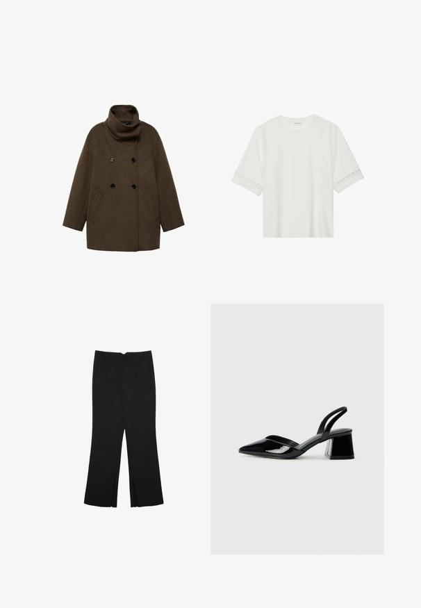 Manteau en laine marron avec un col montant, design double boutonnage et deux poches latérales. Présente des boutons noirs et une silhouette carrée.; T-shirt blanc à manches courtes en coton, avec des bordures en dentelle décoratives le long des manches et un col rond.; Pantalon noir avec une coupe droite, doté de poches avant et d'éclairs sur l'ourlet. Fabriqué en tissu doux et lisse. Convient à diverses occasions.; Escarpins en cuir verni noir avec bout pointu et talon bloc géométrique. Présente un design élégant et minimaliste ainsi qu'une texture lisse.