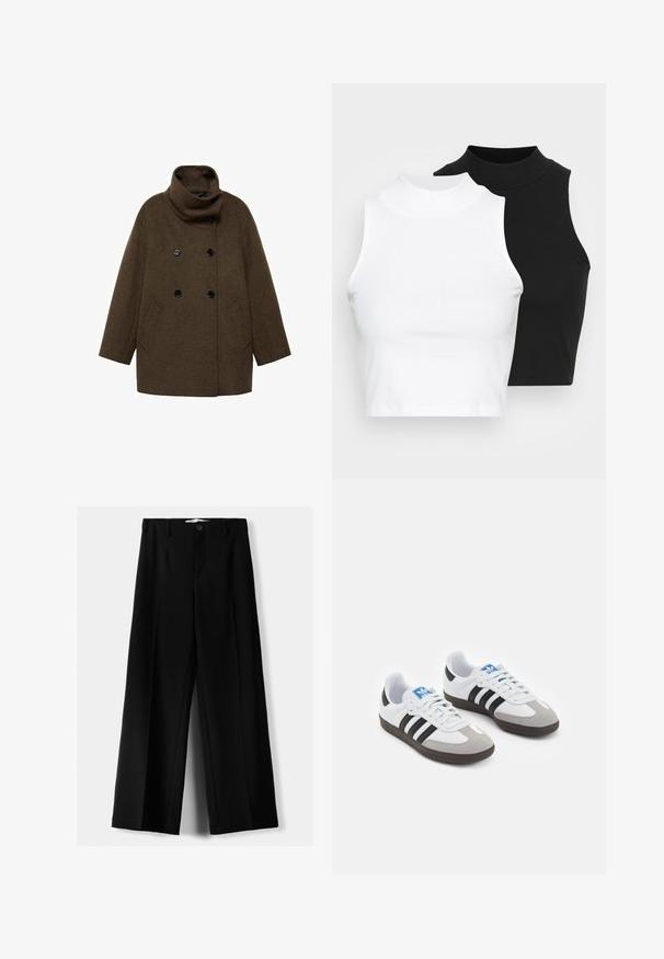Palton din lână maro cu guler înalt, design dublu-botonat și două buzunare laterale. Prezintă nasturi negri și o siluetă dreptunghiulară.; Două bluze fără mâneci, cu guler înalt, în culorile negru și alb, având un design ajustat și o textură netedă, cu o lungime scurtă.; Pantaloni negri cu picior larg, fabricați dintr-un material ușor, cu închidere frontală cu nasture și față plată, având tivuri cusute cu atenție.; Încălțăminte sport cu un superior din piele albă, vârf din suede gri și trei dungi negre. Prezintă un logo albastru pe limbă și o talpă din cauciuc texturat.