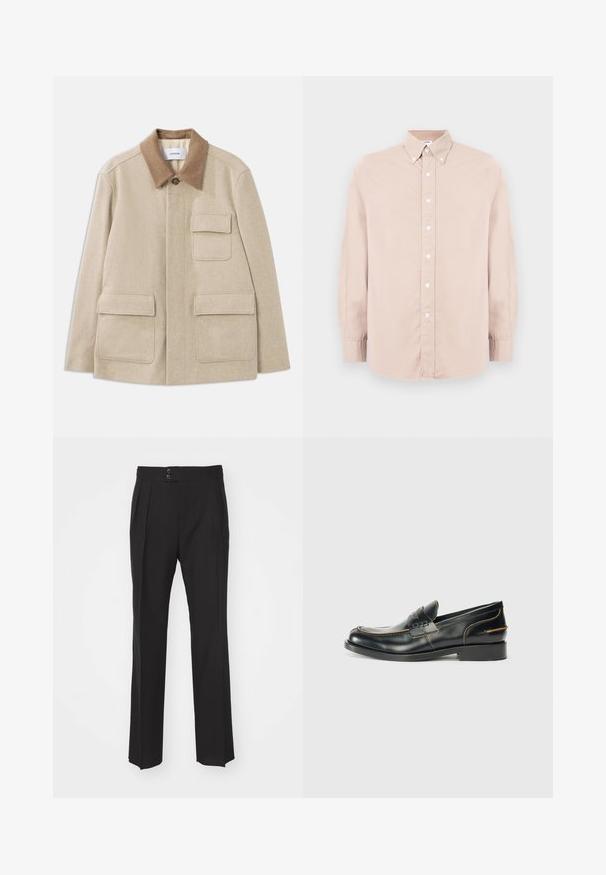 Bežová vlnená bunda s hnedým kontrastným golierom, ktorý má dve predné vrecká a zapínanie na gombík. Čistý, minimalistický dizajn.; Svetloružová košeľa na gombíky s dlhými rukávmi, golierom a bielymi gombíkmi. Vyrobená z hladkej látky s bežným strihom.; Čierne elegantné nohavice s rovnými nohavicami, dvoma prednými vreckami a dvojitým zapínaním na páse. Hladká textúra materiálu.; Čierne kožené poltopánky so štíhlym dizajnom, s jemným prešívaním a nízkym podpätkom, vystavené na jednoduchom bielom pozadí.