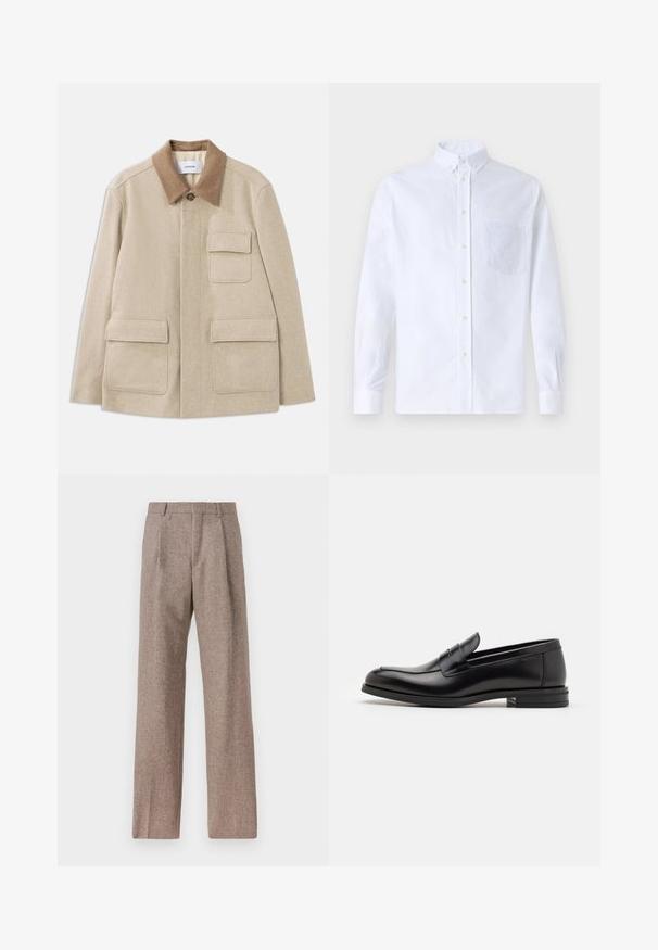 Bežna jakna iz volne s kontrastnim rjavim ovratnikom, opremljena z dvema sprednjima žepoma in gumbom za zapiranje. Čist, minimalistični dizajn.; Bela dolgo rukava srajca s kragnico, izdelana iz bombaža, z žepom na prsih in toniranimi vezeninami ter gumbi na manšetah.; Rjave hlače z visokim pasom, izdelane iz teksturirane tkanine. Imajo široke noge in dve sprednji pregibi za strukturo. Urejen zaključek brez vidne strojne opreme.; Črne usnjene loafer čevlje z gladko teksturo, zaobljenim nosom in dekorativnim trakom čez zgornji del. Nizka zložena peta, minimalističen dizajn.