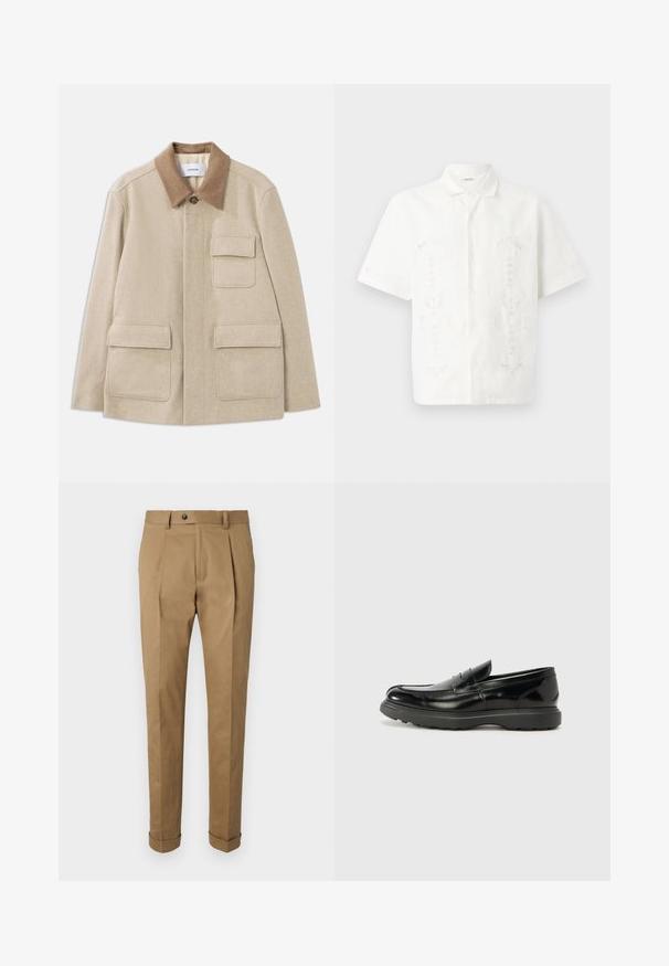 Bežová vlnená bunda s hnedým kontrastným golierom, ktorý má dve predné vrecká a zapínanie na gombík. Čistý, minimalistický dizajn.; Biele tričko s krátkymi rukávmi vyrobené z ľahkej tkaniny, s detailným kvetinovým vyšívaním v niekoľkých vzoroch, s klasickým golierom a zapínaním na gombíky.; Khaki nohavice s prispôsobeným strihom, s plisovaním, gombíkovým zapínaním, pútkami na opasok a zvinutými manžetami. Vyrobené z hladkej, odolnej látky.; Čierne kožené mokasíny s lesklým povrchom, okrúhlou špicou, subtilnými švami a hrubou gumovou podrážkou pre zvýšenú odolnosť.
