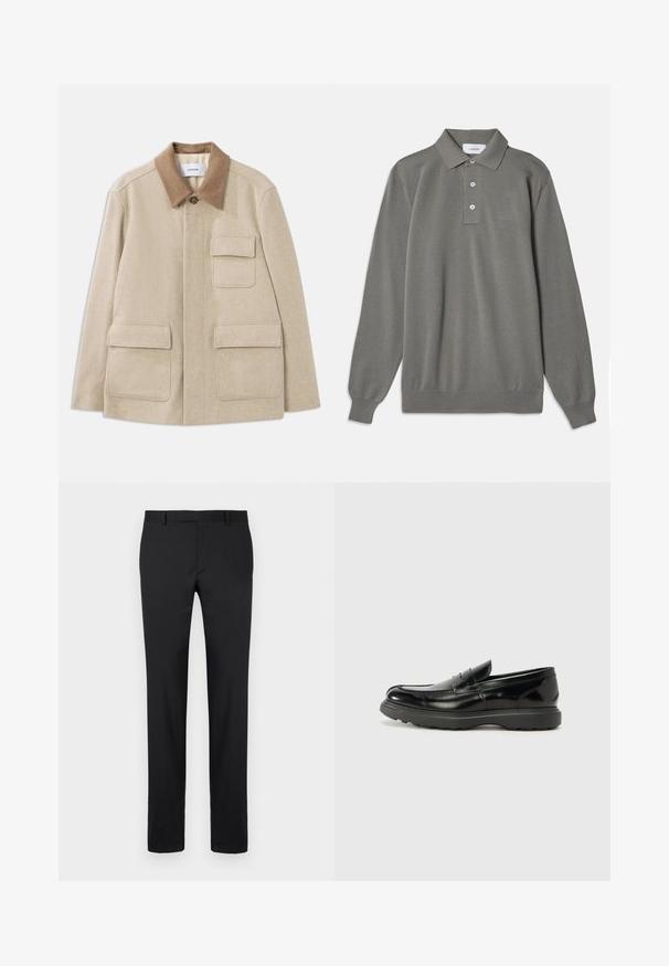 Beige wollen blazer met een bruin contrasterende kraag, voorzien van twee voorzakken en een knoopsluiting. Schone, minimalistische uitstraling.; Grijze langwerpige polo met lange mouwen in gestructureerde stof, met een klassieke kraag, een drie-knops knoopsluiting en geribbelde manchetten.; Zwarte broeken met een op maat gemaakte ontwerp, rechte pijpen, standaard riemlussen en een gladde textuur. Geen zichtbare patronen of hardware.; Zwarte leren instapper met een glanzende afwerking, een ronde neus, subtiele stiksels en een dikke rubberen zool voor duurzaamheid.