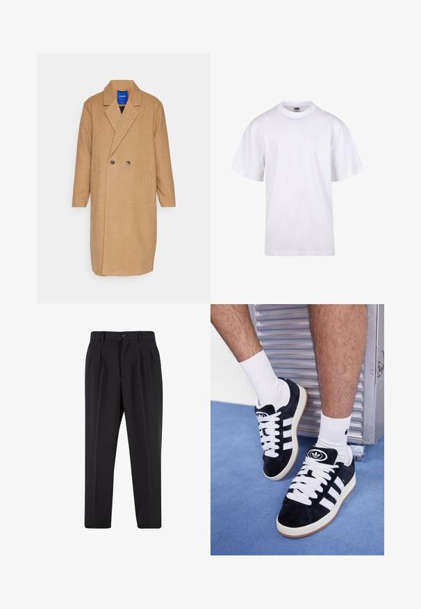 Jack & Jones JORHARRY COAT - Klassischer Mantel - camel; Weißes Baumwoll-T-Shirt mit Rundhalsausschnitt, kurzen Ärmeln und lockerer Passform. Hat ein schlichtes Design ohne Muster oder Akzente.; Schwarze Hose mit plissiertem Vorderdesign, aus glattem Stoff gefertigt. Mit Knopfverschluss und Gürtelschlaufen; gerade Passform.; Schwarze Wildledersneaker mit weißen Schnürsenkeln und drei weißen Streifen. Verfügt über ein kreisförmiges schwarzes Logo auf der Zunge und eine Gummisohle.