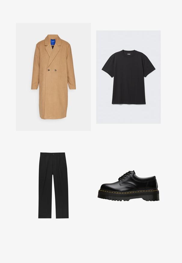 Jack & Jones JORHARRY COAT - Palton clasic - camel; Tricou negru cu mânecă scurtă, din bumbac. Are un decolteu tip crew și o croială lejeră. Design simplu, fără modele sau accente vizibile.; Pantaloni negri cu un design drept, fabricați dintr-un material neted. Au plisse în față și un sistem de închidere cu un singur buton la talie.; Pantofii din piele neagră, cu șireturi, au o talpă groasă din cauciuc negru, zimțată, și cusături galbene pe margine, având un finisaj neted.