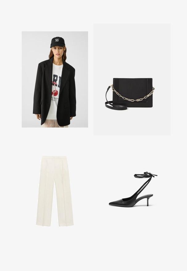 Svart blazer med klaffslags, bärs över en vit grafisk sweatshirt med röda körsbär. Avslutad med en svart basebollkeps.; Vit kortärmad skjorta i lättviktigt tyg, med klassisk krage, knappstängning och rundad nederkant med subtila texturer.; Breda byxor i en ljus krämfärg. Tillverkade av ett mjukt tyg med veck fram och sidofickor.; Svart lädersandalett med spetsig tå, öppen baksida och ankelremmar som är knutna i en rosett. Smal 3-tums klack. Slät textur, minimalistisk design.; Svart läder crossbody-väska med en slät yta, rektangulär form och metallickedjedetalj på framsidan. Justerbar rem ingår.