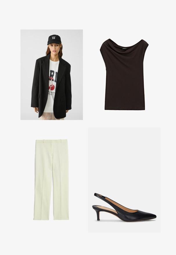 Blazer nero con risvolti, indossato sopra una felpa grafica bianca con ciliegie rosse. Completato con un cappellino da baseball nero.; Top nero leggero con scollo drappeggiato e maniche a cappuccio. Tessuto liscio con un design semplice e non decorato.; Pantaloni su misura color crema con un design a gamba dritta, dotati di una parte frontale piatta, passanti per cintura e una superficie liscia.; Pump slingback in pelle nera con punta affilata, tacco kitten basso e texture liscia. Presenta un design con schiena aperta e dettagli di cucitura minimi.