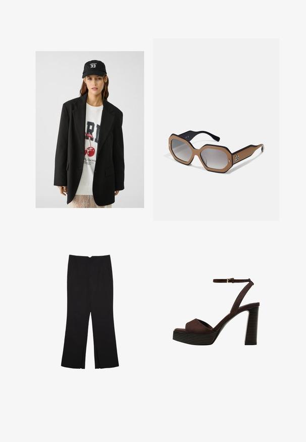 Črna blazer jakna z izrezom, nosi se preko belega grafičnega puloverja z rdečimi češpljami. Dokončano z črno bejzbol kapo.; Črn brez rokavov crop top, izdelan iz gladkega materiala, z okroglim izrezom in čistim, preprostim dizajnom brez vzorcev ali dodatkov.; Črne hlače ravnega kroja z naglavnimi žepi in stranskimi razporki na robu. Narejene iz mehke, gladke tkanine. Primerne za različne priložnosti.; Rjave semiš sandale z visoko peto, odprto spredaj, z nastavljivim gležnjenjem in črtastim podplatom.; Osmerne sončna očala z osemkotno obliko v rjavi in črni barvi, s postopnim prehajanjem leč in logotipom na strani. Izdelana iz plastičnega materiala.