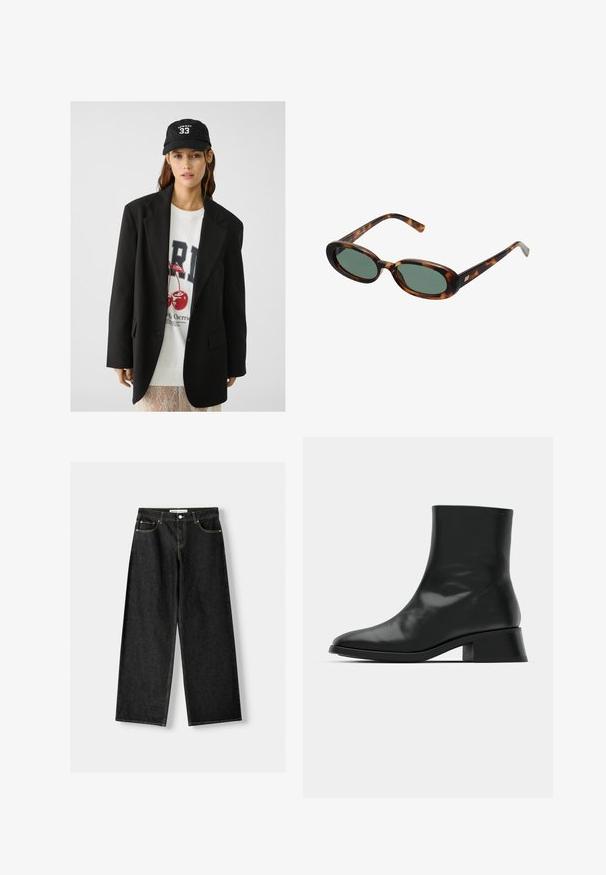 Črna blazer jakna z izrezom, nosi se preko belega grafičnega puloverja z rdečimi češpljami. Dokončano z črno bejzbol kapo.; Črna rebrasta majica brez rokavov z okroglim izrezom in vezenim logotipom v beli barvi. Tkanina ima gladko teksturo in prilagojeno obliko.; Črne široke jeans hlače iz denima vključno s petimi žepi, kovinsko gumbo in zadrgo ter kontrastnimi rumenimi šivi ob šivih.; Črne gležnjarje iz sijoče usnjene kože odlikuje eleganten dizajn, usnjena konica in zmeren blok peto za stabilnost.; Žirafne sončna očala z ovalnimi okvirji in zelenimi lečami. Imajo tanke ročice z metalnim poudarkom blizu tečajev.