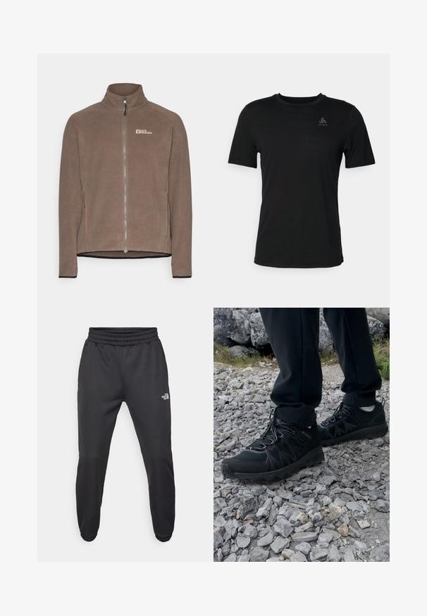 Chaqueta de forro polar marrón con cuello alto, cremallera delantera completa y ribete negro en el dobladillo y los puños. Presenta un logo en el pecho.; Camiseta negra hecha de un tejido ligero, con escote redondo, mangas cortas y un pequeño logotipo de la marca en la parte superior izquierda.; Pantalones deportivos negros con cintura ajustable mediante cordón, corte tapered, puños elásticos y un pequeño logo blanco en el muslo izquierdo, fabricados en tejido suave.; Zapatos exteriores negros con malla y material sintético, que presentan un upper texturizado, un sistema de cordones seguro y una suela robusta, sobre terreno rocoso.