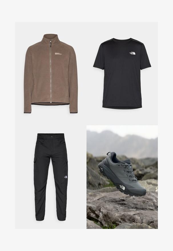 Barna bolyhos dzseki magas nyakkal, elöl teljes cipzárral és kontrasztos fekete díszítéssel az alján és az ujjak végén. A mellkason logó található.; Fekete, rövid ujjú póló, könnyű anyagból készült. Bal mellen egy kis fehér logó található, és finom vállrész kiemelések.; The North Face HORIZON PANT - Szabadtéri nadrágok - black; Szürke terepfutó cipő, texturált felsőrésszel, tartós gumitalppal és megerősített orr résszel. Fekete fűzők és márka logó a cipő oldalán.