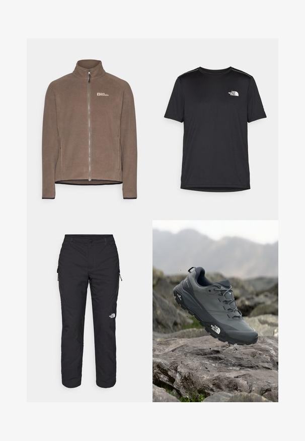 Brown fleece jacket with a high neck, full front zipper, and contrasting black trim at the hem and cuffs. Features a logo on the chest.; Black short-sleeve T-shirt made from lightweight fabric. Features a small white logo on the left chest and subtle shoulder accents.; The North Face WINTER EXPLORATION TAPERED CARGO - Outdoor trousers - black; Grey trail running shoe with a textured upper, durable rubber sole, and reinforced toe cap. Features laces and brand logo on the side.