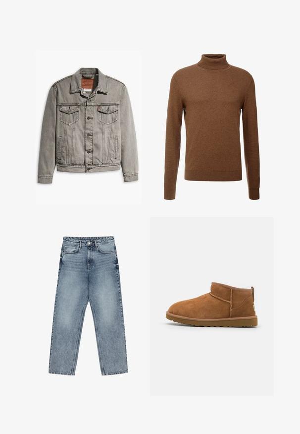 Gray denim jacket featuring a pointed collar, three front pockets, button closure, and contrasting stitching on sleeves and body.; Brown turtleneck sweater made of soft fabric, featuring long sleeves, ribbed cuffs, and a fitted design with no visible patterns.; Light blue denim jeans with a straight leg cut, visible stitching, five pocket design, and a button closure at the waist.; Tan suede ankle boot with a rounded toe, subtle stitching details, and a textured rubber sole. Short height without laces.